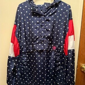 Navy Star Print Hooded Jacket with Red & White Accents
